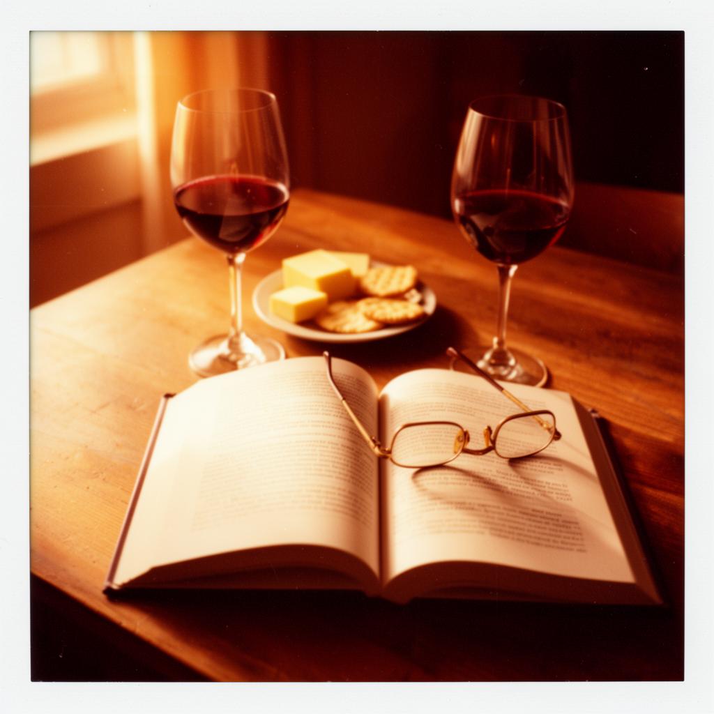 A book club tablescape with wine, cheese, and an open book