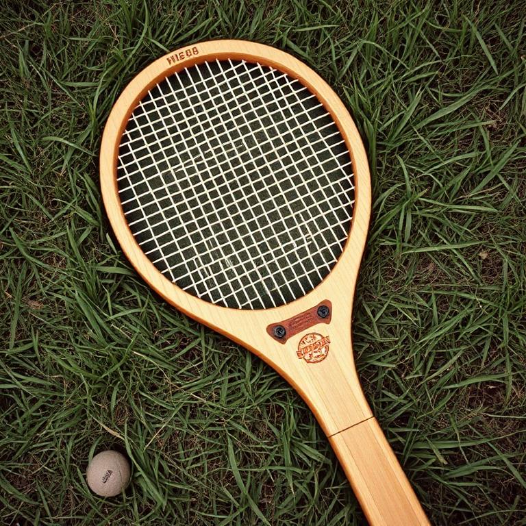 A wooden tennis racquet on grass