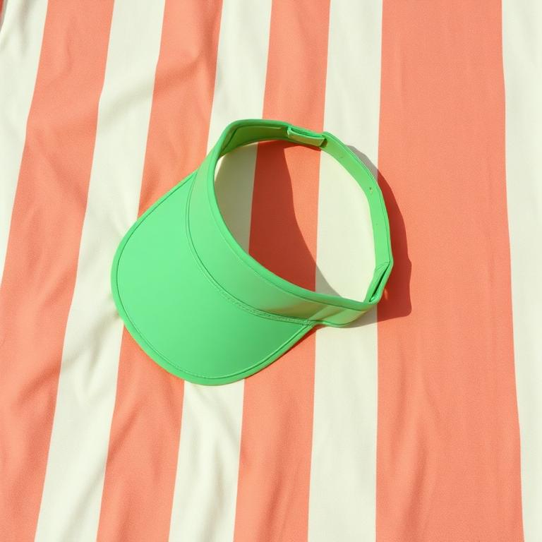 A green tennis visor on a striped beach towel